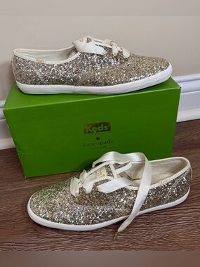 Keds by Kate Spade Champion Platinum Glitter Sneakers with Satin Laces